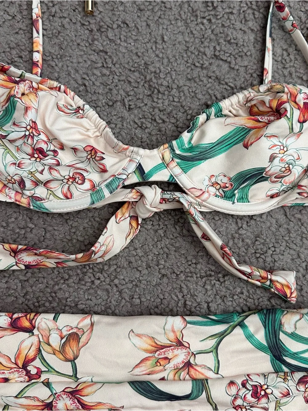 Monday Swimwear Floral Bikini Top High Waist Bottoms Cream Green Womens S